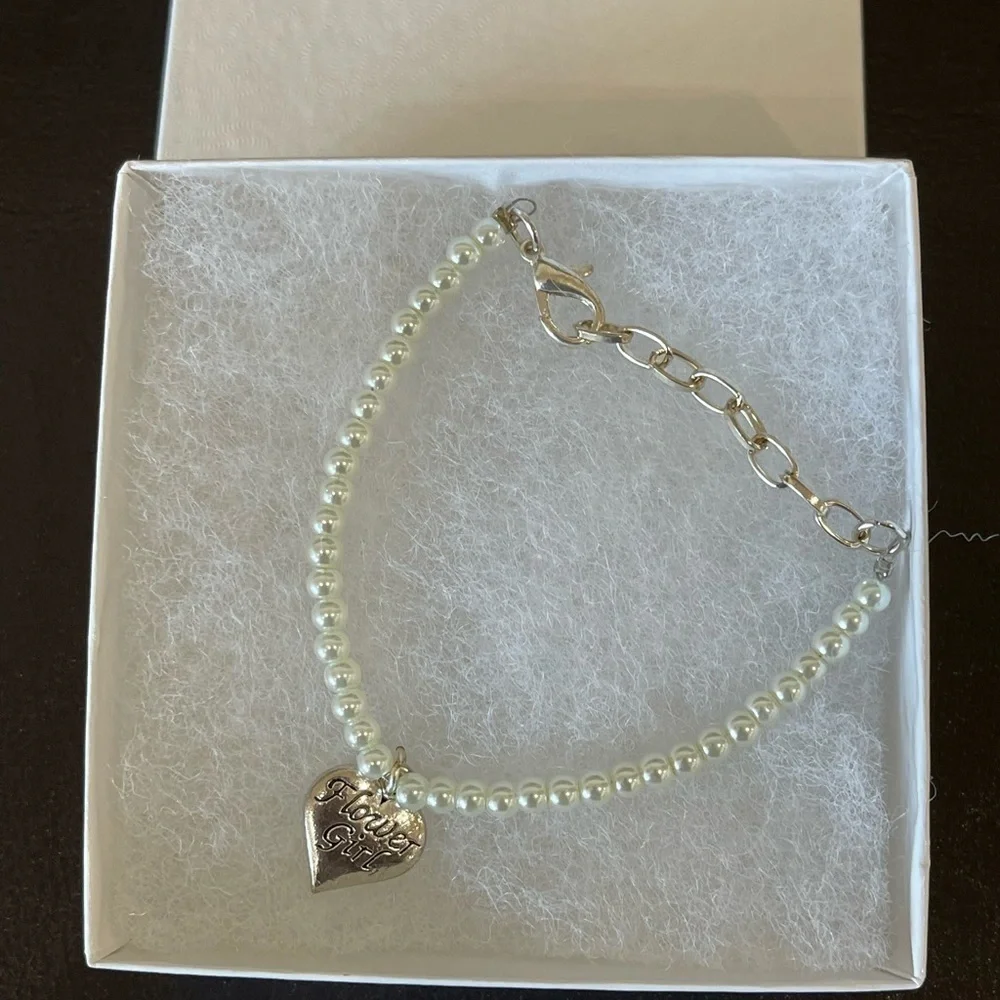Faux pearl bead flower girl bracelet adjustability